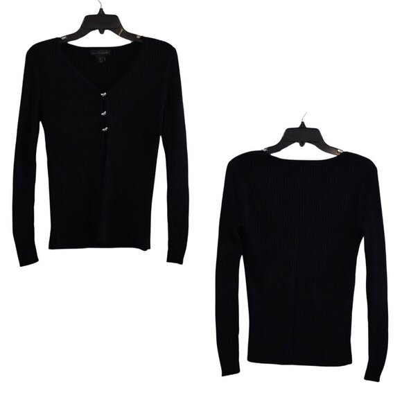 House of Harlow 1960, Rhinestone Bow Buttons Ribbed Cardigan Sweater, Black - Picture 2 of 7